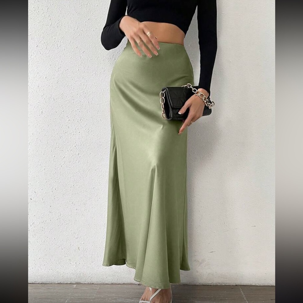 Classic Satin High Waist Fish Tail Long Maxi Skirt Green